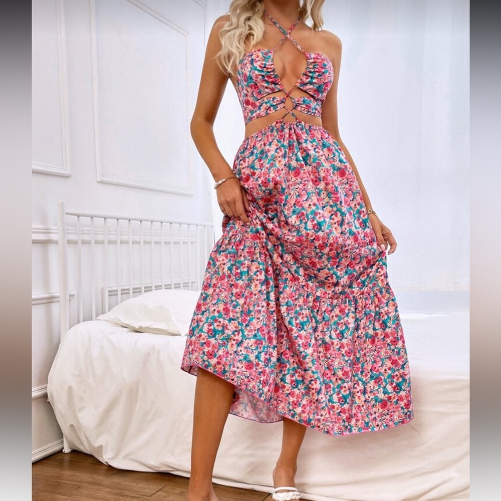 SHEIN Sexy Cutout Halter Floral Maxi Dress large pink orange blue